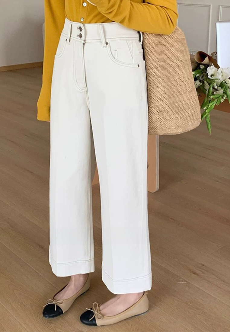 White new denim high waist two button wide leg pants CA25042923W
