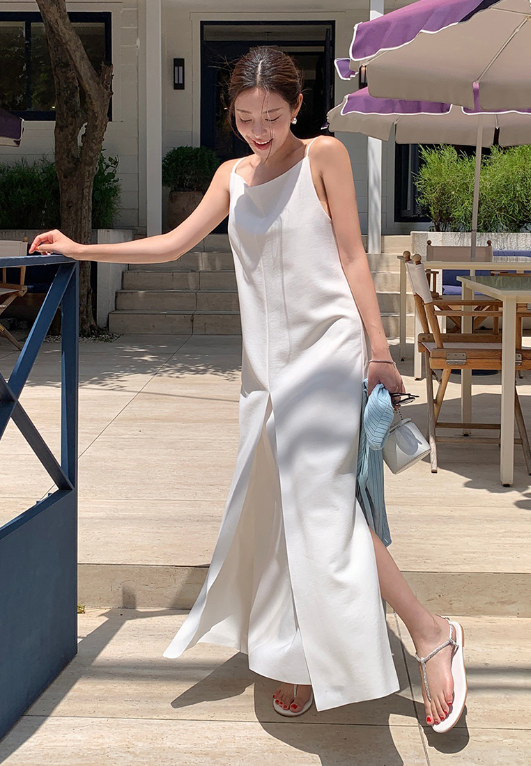 Elegant and stylish slit suspender long dress CA25070923W