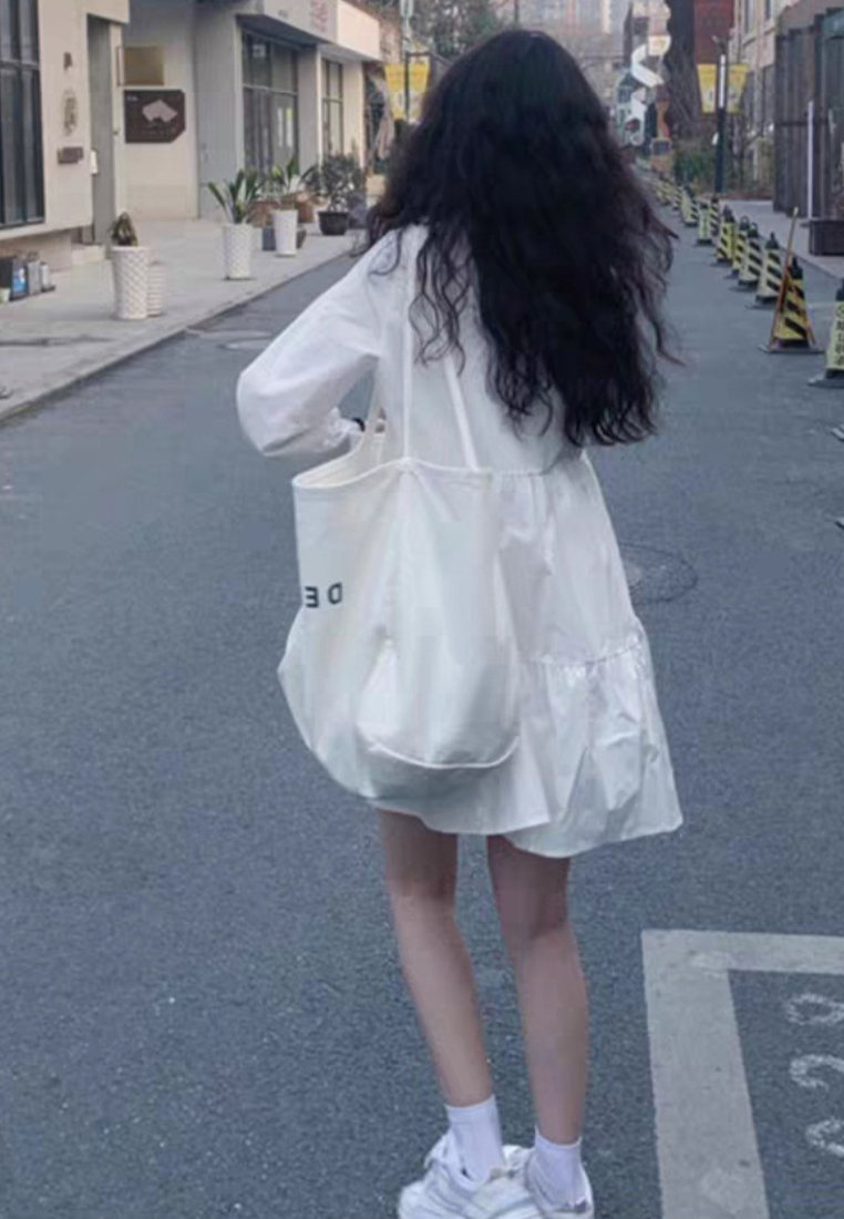 New French long-sleeved A-line shirt dress CA24030723W