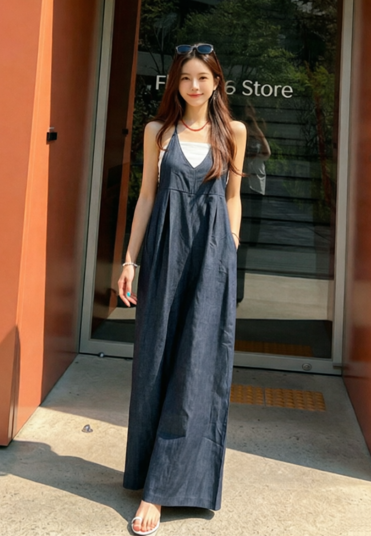 Chic Style Halter Neck Denim Wide Leg Jumpsuit K26042905
