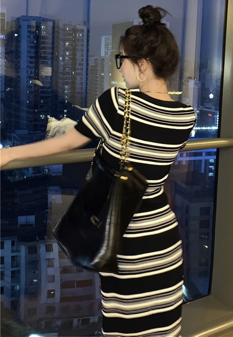 New summer Korean style striped short-sleeved knitted long dress CA24050623BK
