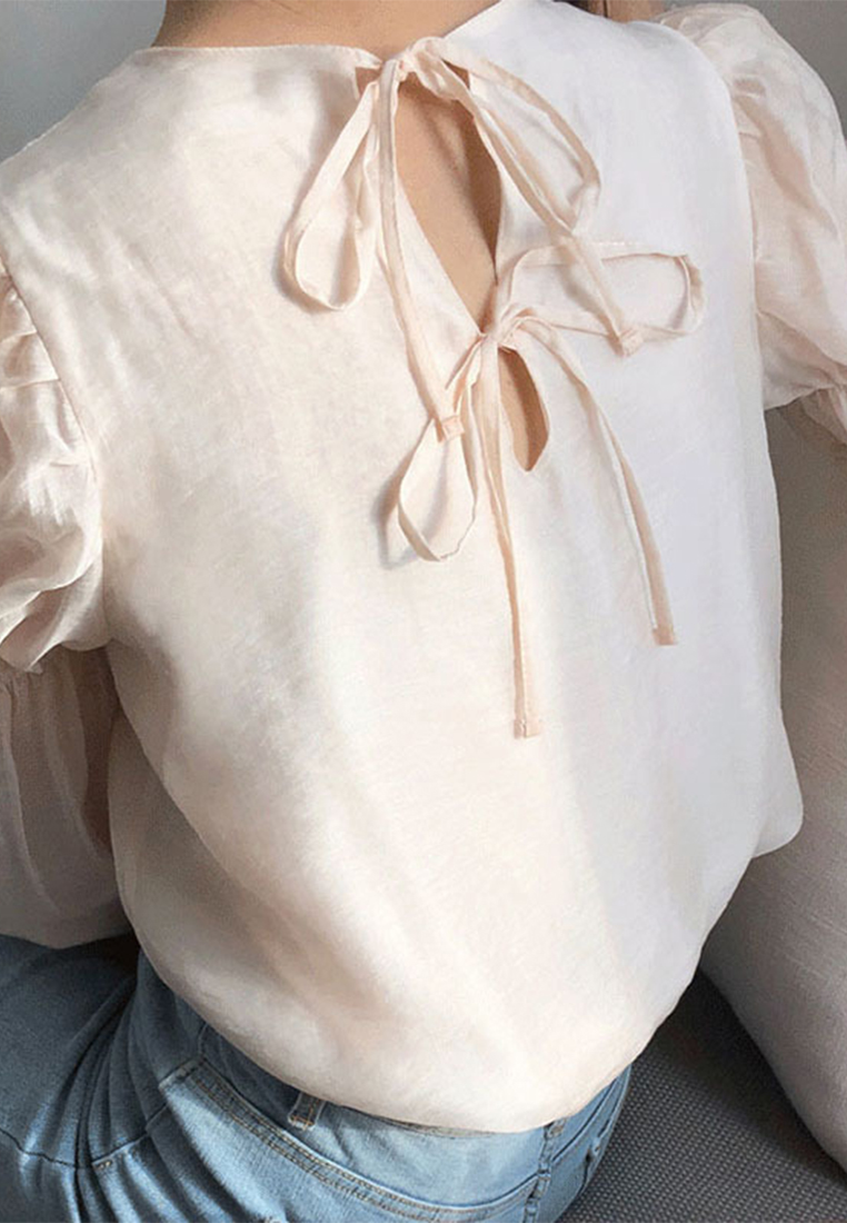 Solid color patchwork mesh lace up hollow shirt CA241128123BE