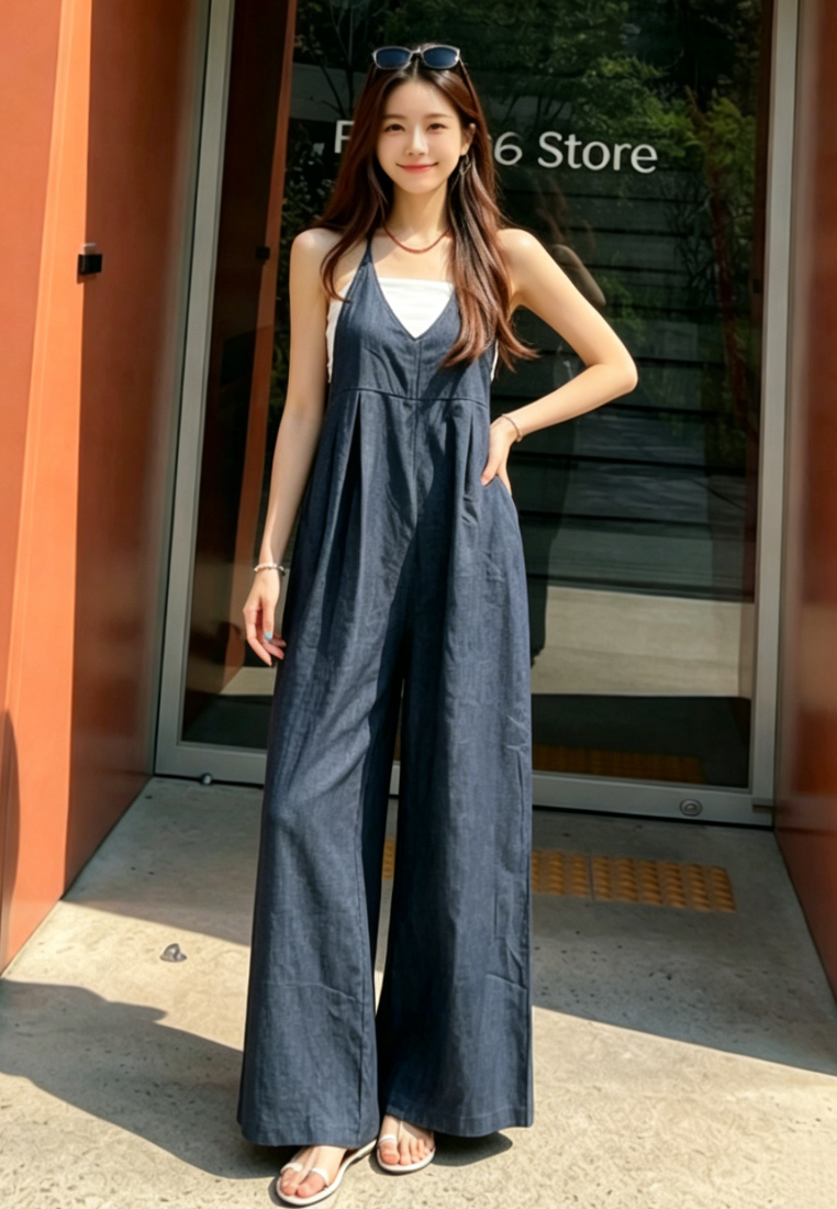 Chic Style Halter Neck Denim Wide Leg Jumpsuit K26042905