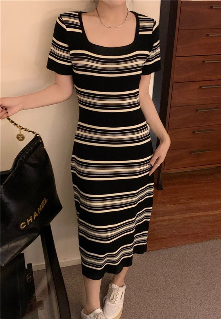 New summer Korean style striped short-sleeved knitted long dress CA24050623BK