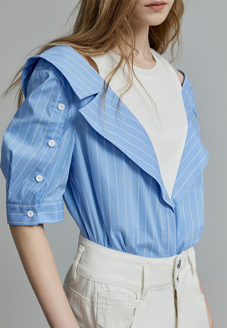 French fake two piece round neck off shoulder commuter style top CA120423