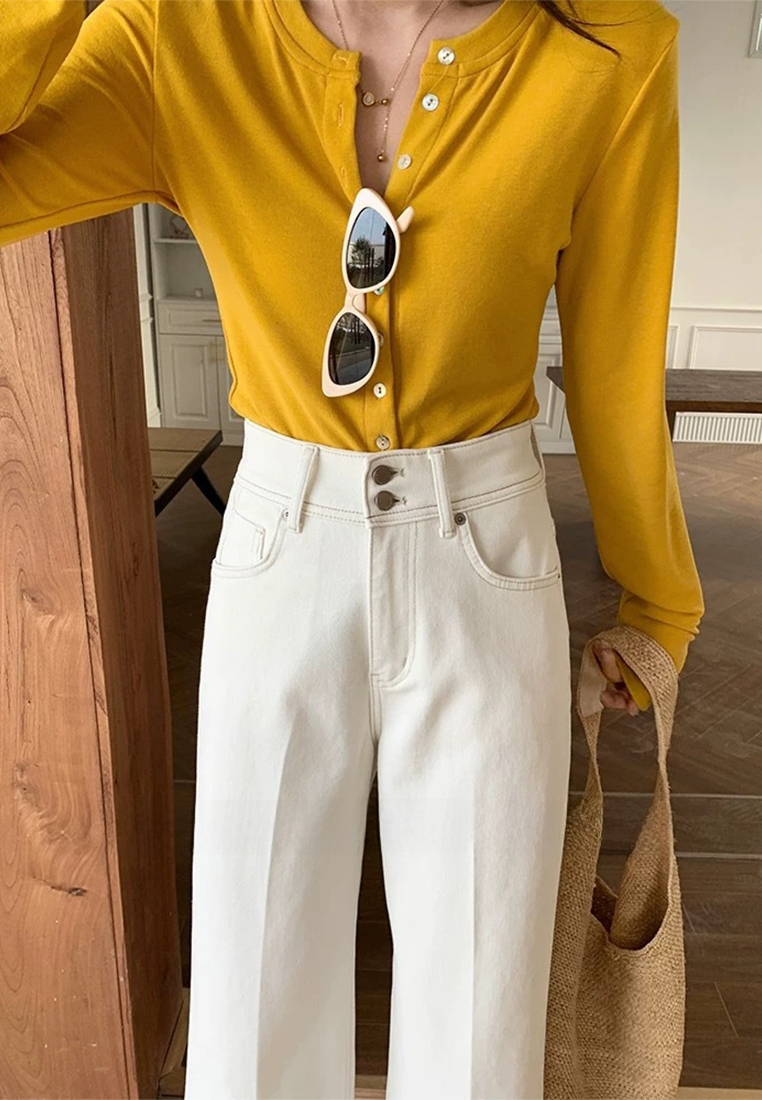 White new denim high waist two button wide leg pants CA25042923W