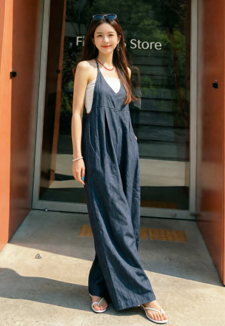 Chic Style Halter Neck Denim Wide Leg Jumpsuit K26042905