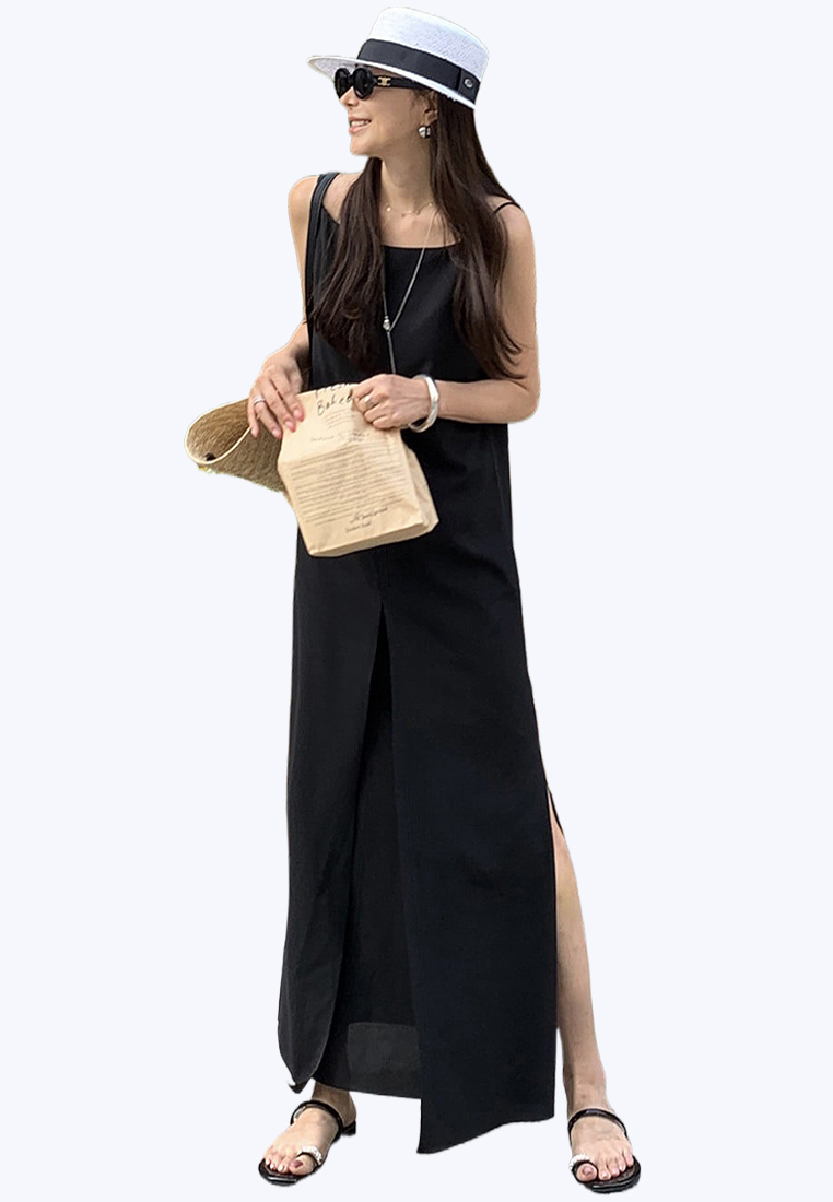 Elegant and stylish slit suspender long dress CA25070923W