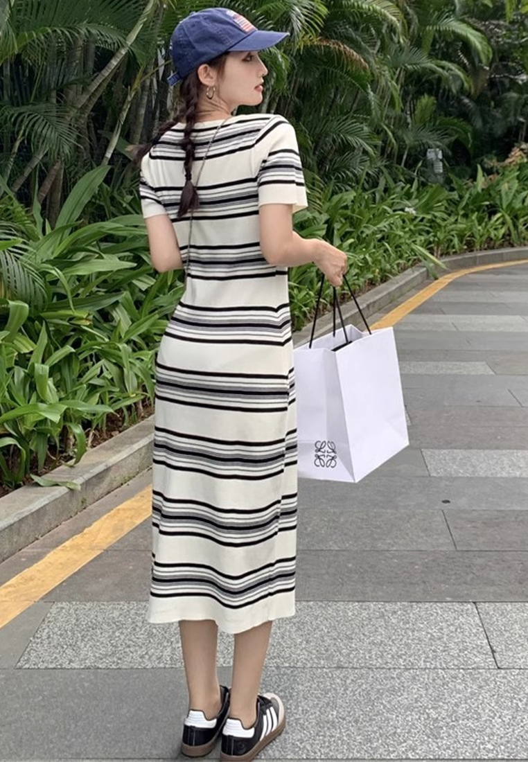New summer Korean style striped short-sleeved knitted long dress CA24050623BK