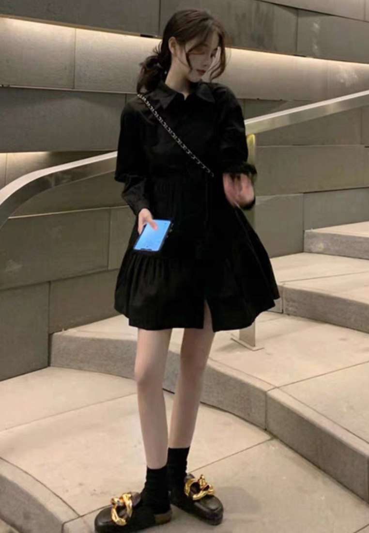 New French long-sleeved A-line shirt dress CA24030723W