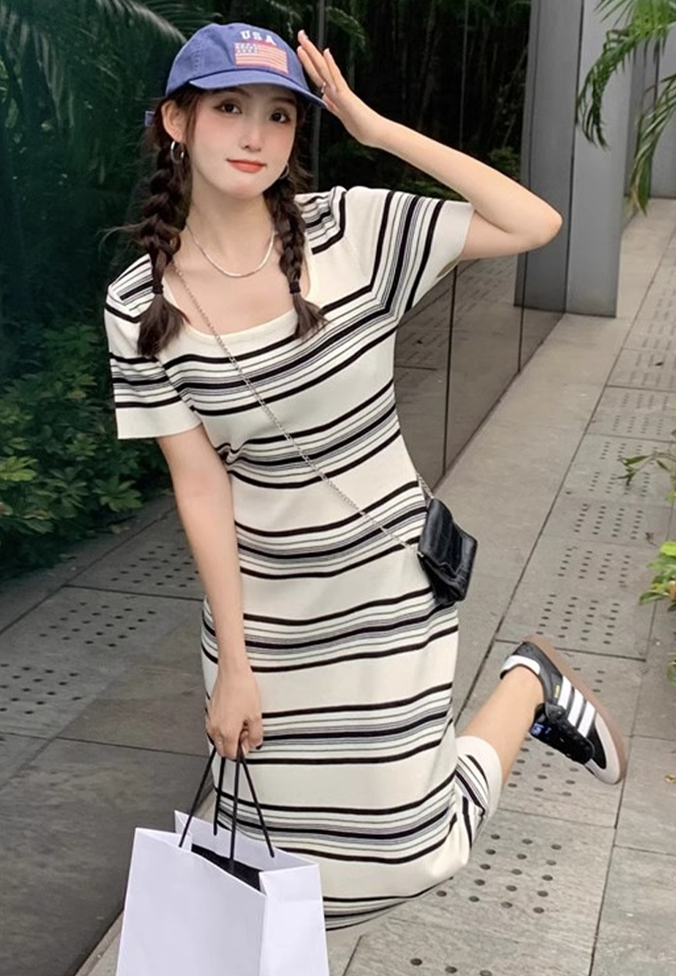New summer Korean style striped short-sleeved knitted long dress CA24050623BK