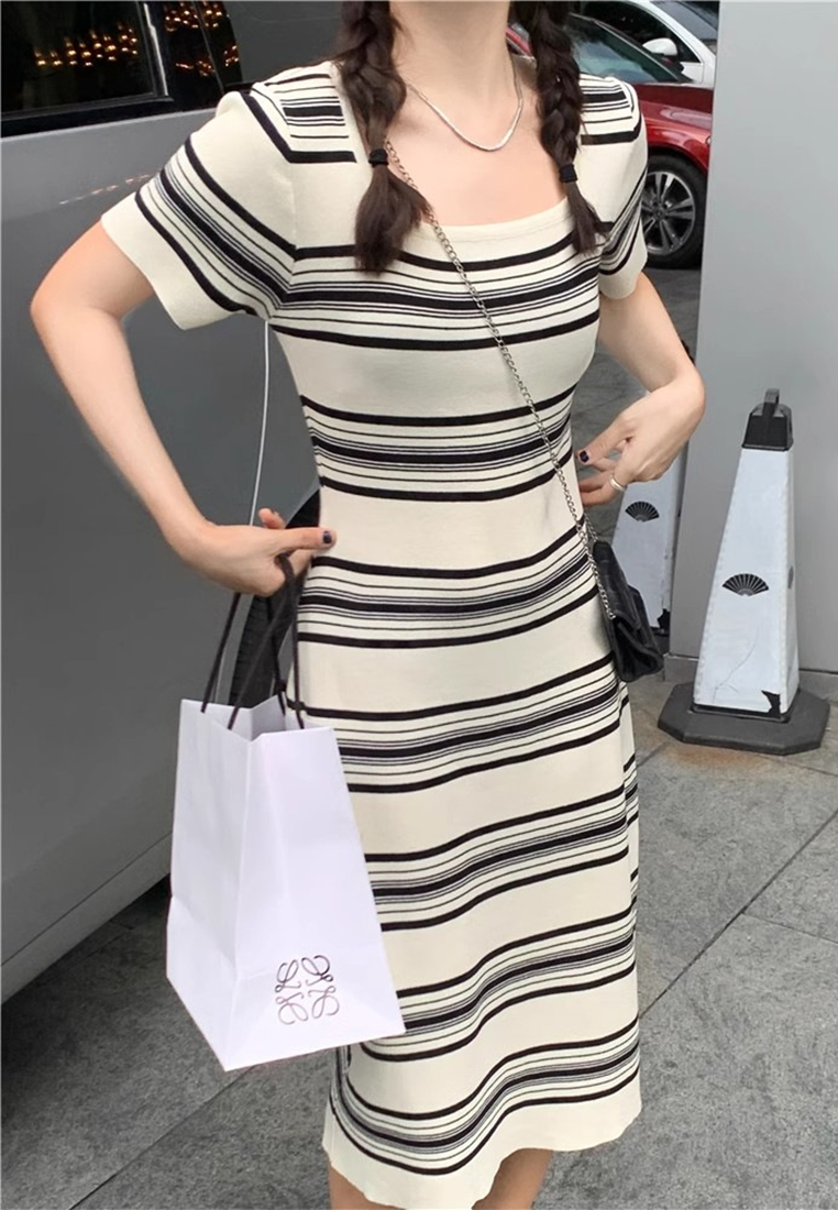 New summer Korean style striped short-sleeved knitted long dress CA24050623BK