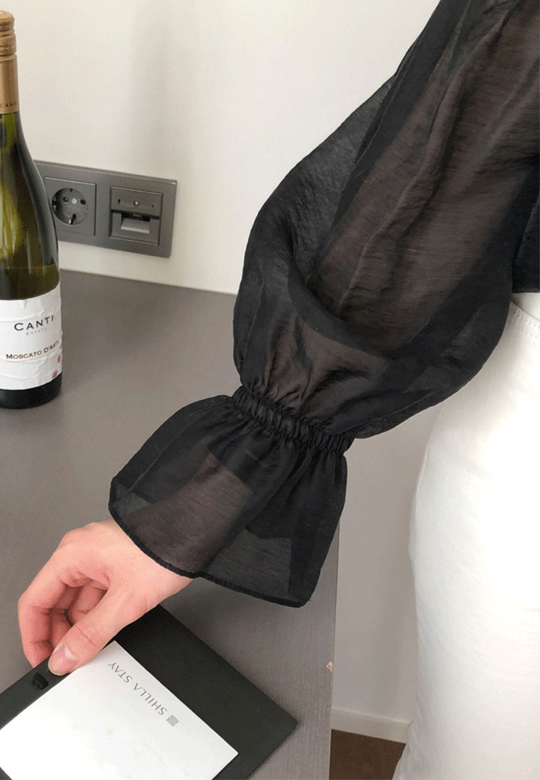 Solid color patchwork mesh lace up hollow shirt CA241128123BE