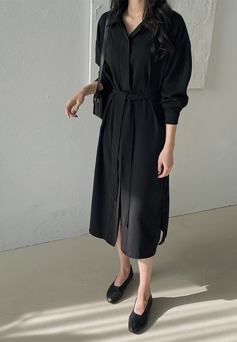 Stylish waist-cinching long dress with tie belt CA25091913BK