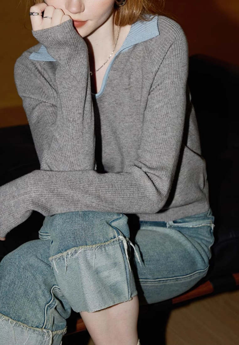 Temperament new contrasting color lapel knitted top K120905 