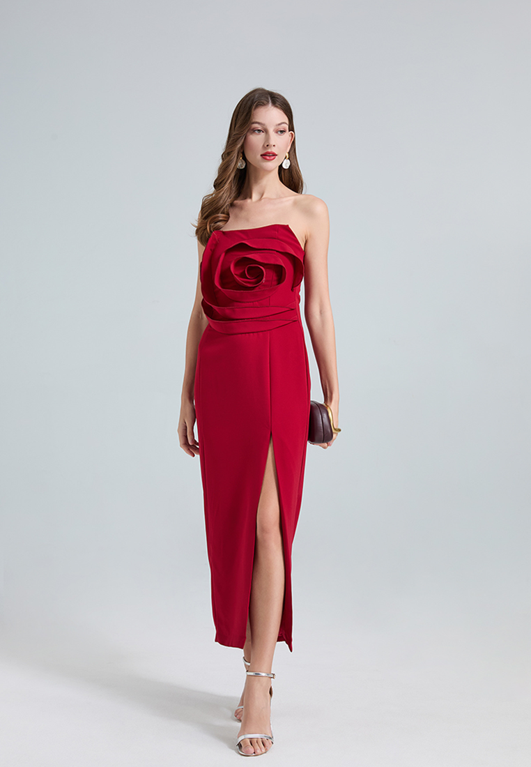 French 3D rose tube top with side slits for dinner party dress CA25021320RD