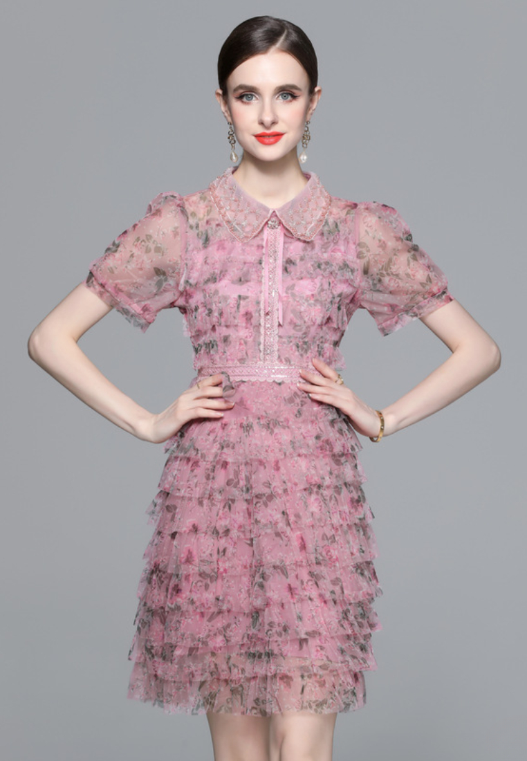 Elegant Pink Floral Tulle Tiered Mini Dress with Peter Pan Collar K26061502