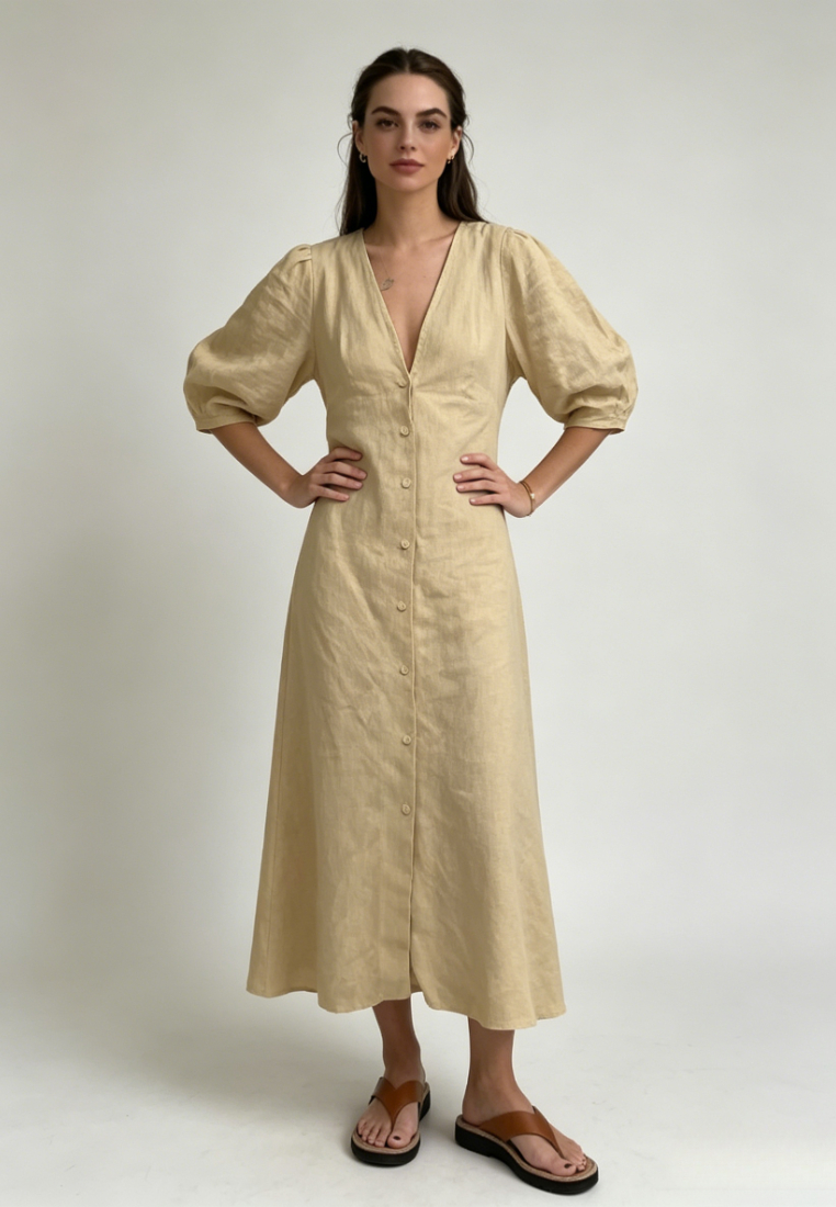 White Linen Summer V Neck Puff Sleeve Maxi Dress K26042402