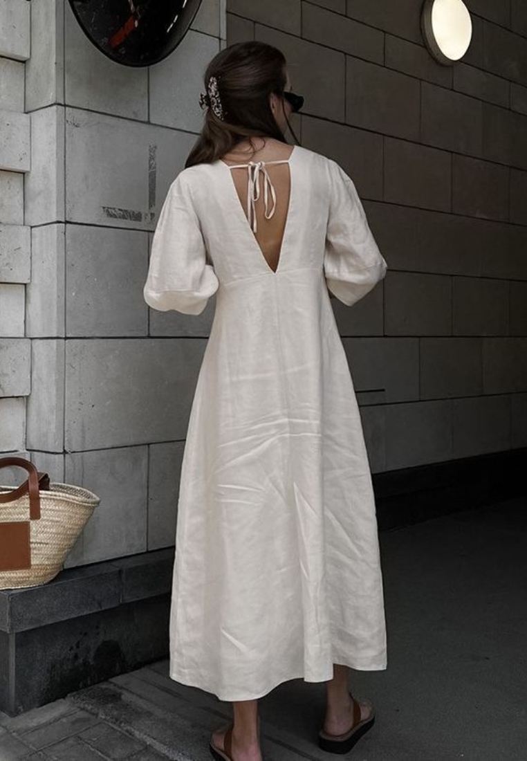 White Linen Summer V Neck Puff Sleeve Maxi Dress K26042402