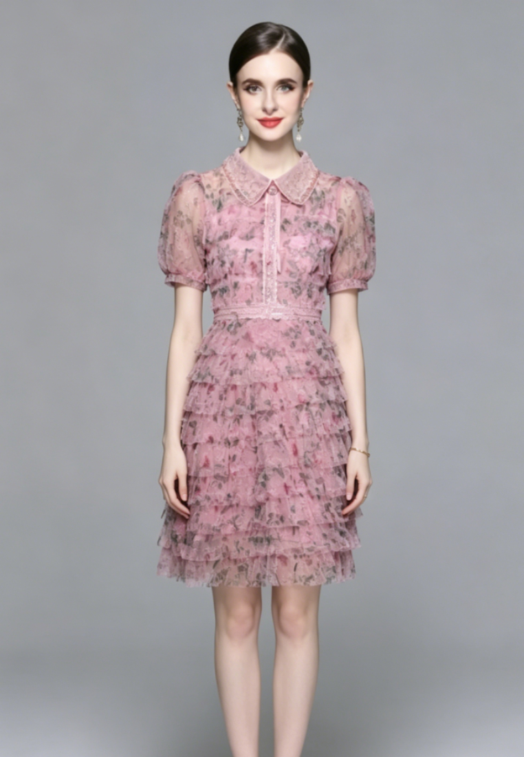 Elegant Pink Floral Tulle Tiered Mini Dress with Peter Pan Collar K26061502