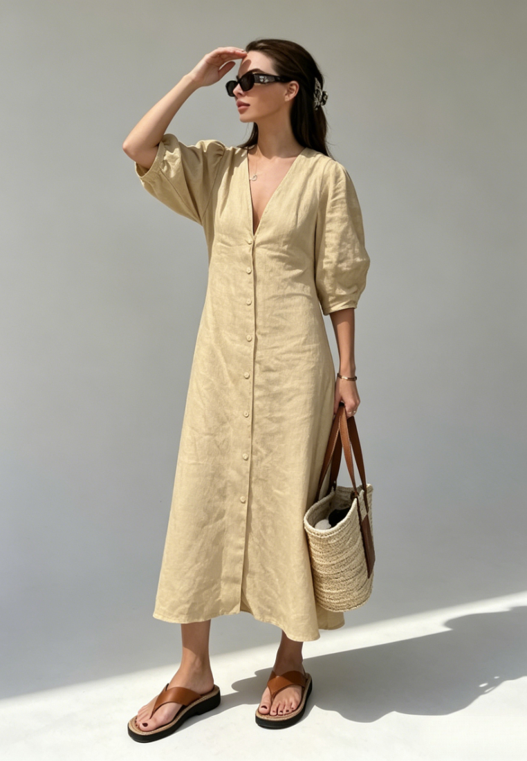 White Linen Summer V Neck Puff Sleeve Maxi Dress K26042402