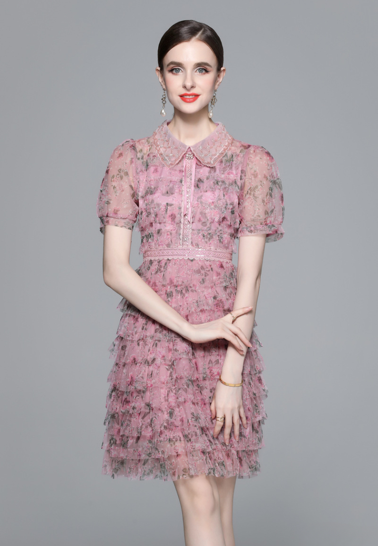 Elegant Pink Floral Tulle Tiered Mini Dress with Peter Pan Collar K26061502