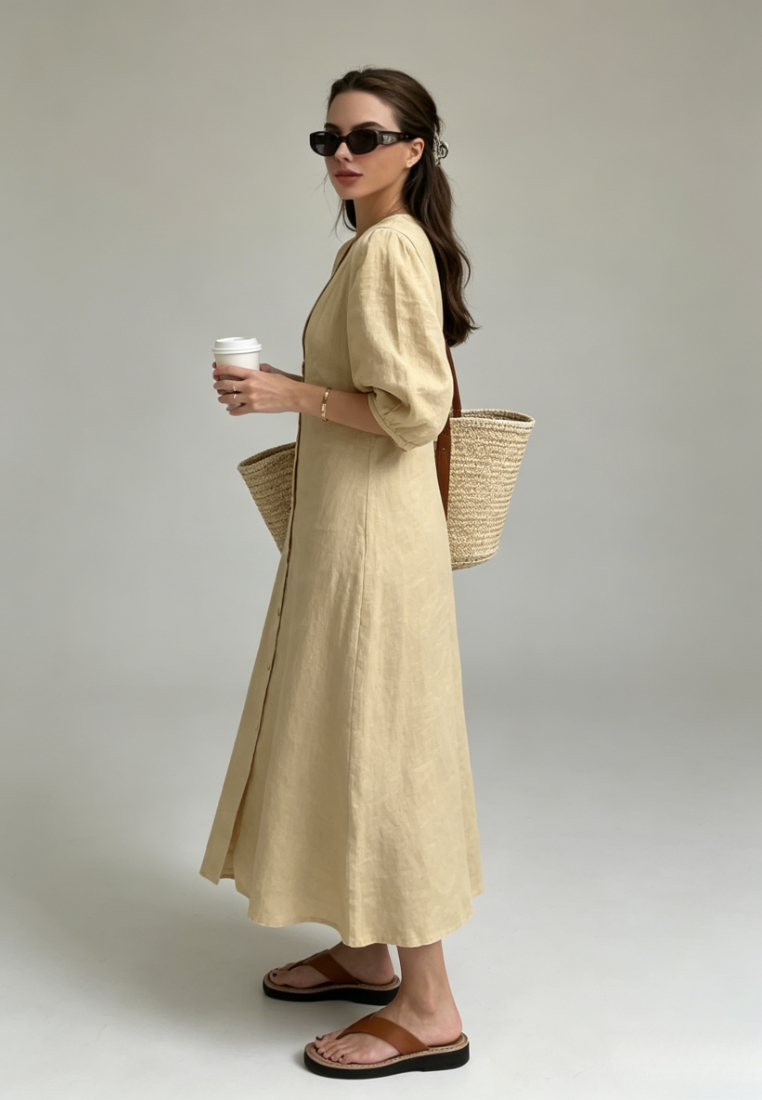 White Linen Summer V Neck Puff Sleeve Maxi Dress K26042402
