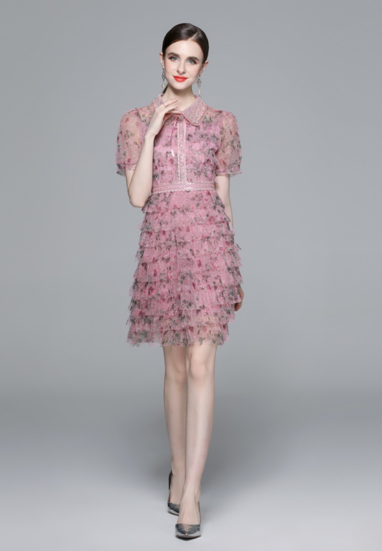 Elegant Pink Floral Tulle Tiered Mini Dress with Peter Pan Collar K26061502