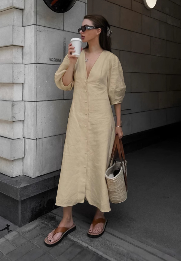 White Linen Summer V Neck Puff Sleeve Maxi Dress K26042402