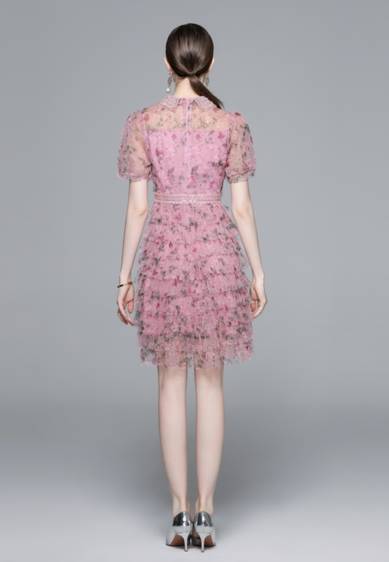 Elegant Pink Floral Tulle Tiered Mini Dress with Peter Pan Collar K26061502