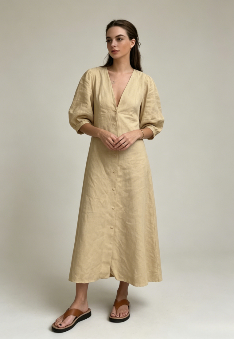 White Linen Summer V Neck Puff Sleeve Maxi Dress K26042402