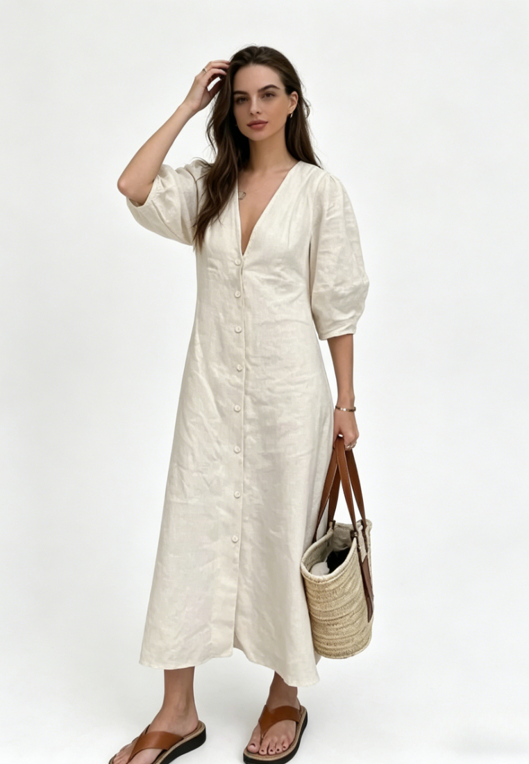 White Linen Summer V Neck Puff Sleeve Maxi Dress K26042402