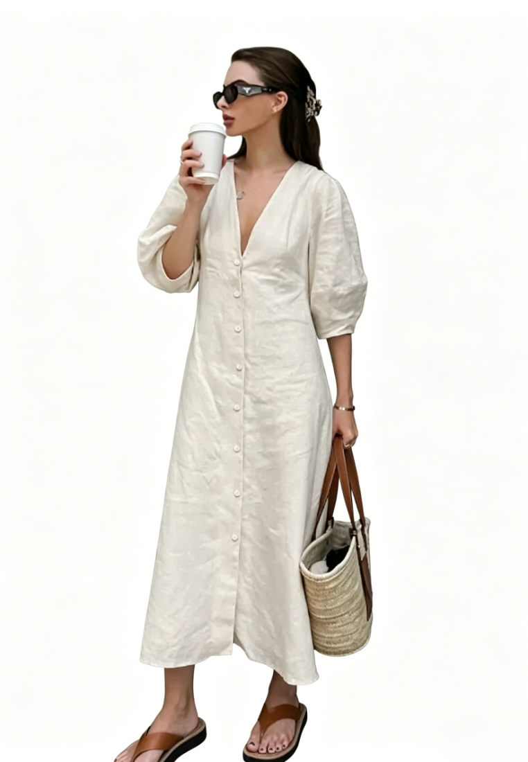 White Linen Summer V Neck Puff Sleeve Maxi Dress K26042402