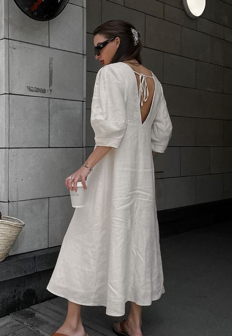 White Linen Summer V Neck Puff Sleeve Maxi Dress K26042402
