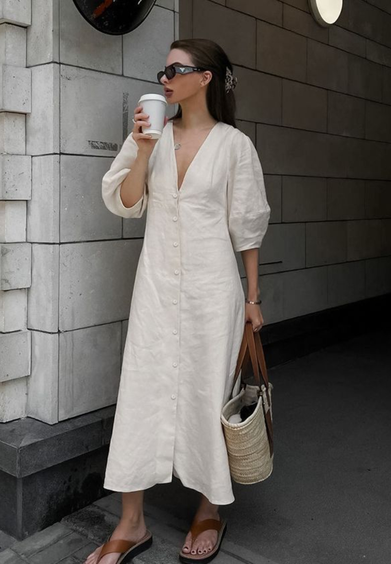 White Linen Summer V Neck Puff Sleeve Maxi Dress K26042402