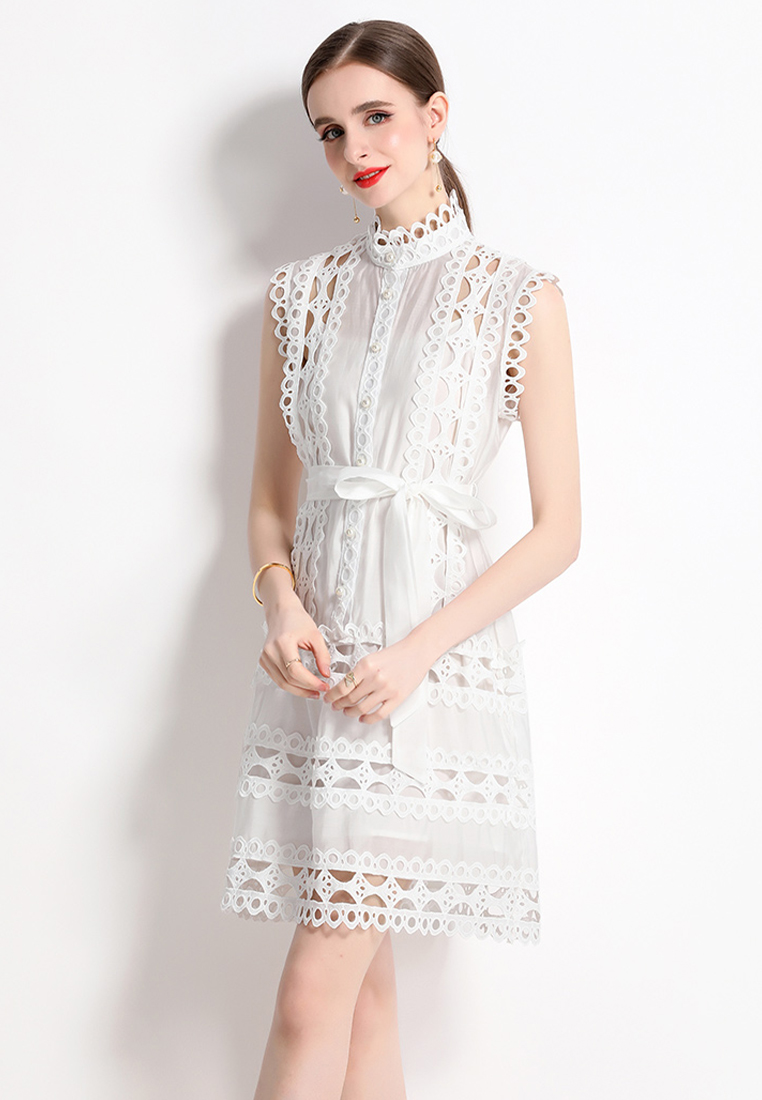 2024 Summer Round Neck Sleeveless Lace Dress CA24032624W