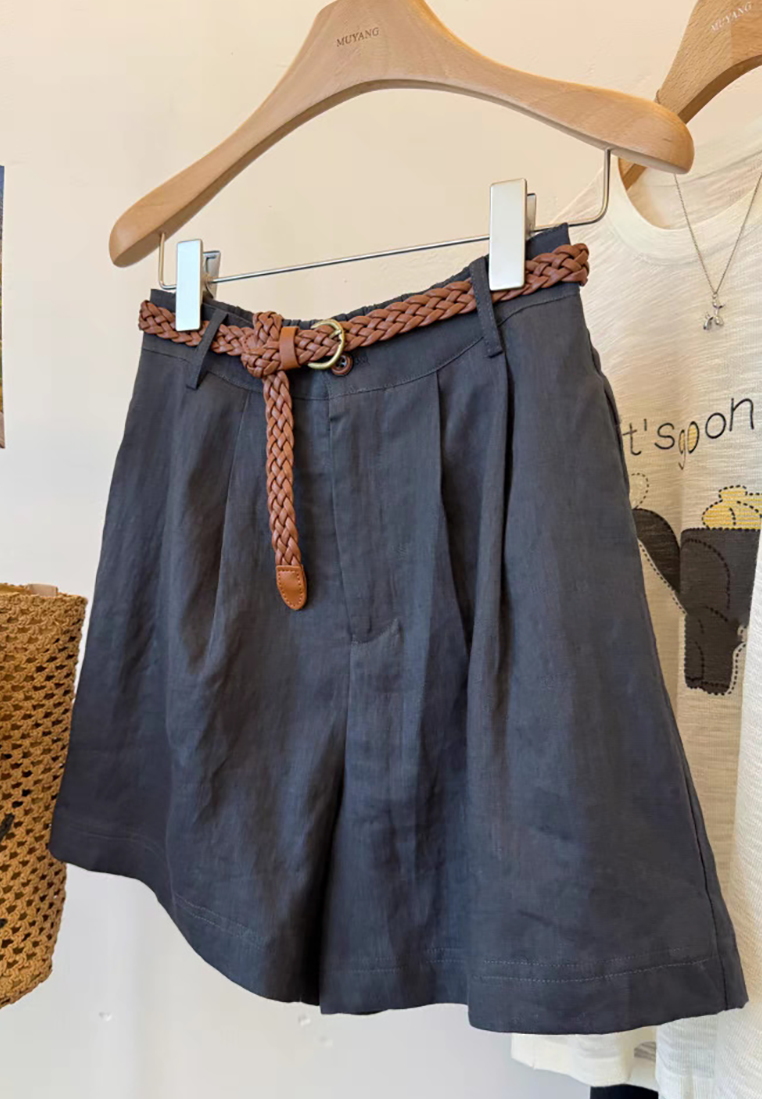 Summer High-waist Braided Belt Linen Shorts CA25061724BK