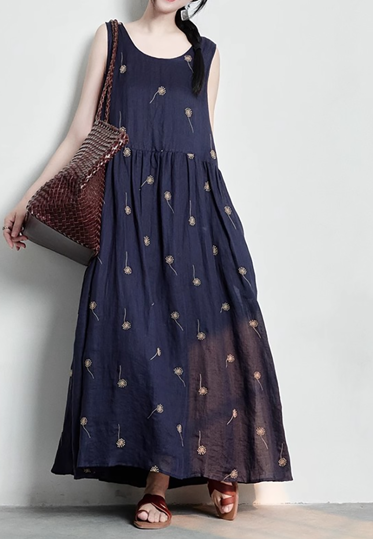 Summer new cotton and linen print dress CA25070924BL