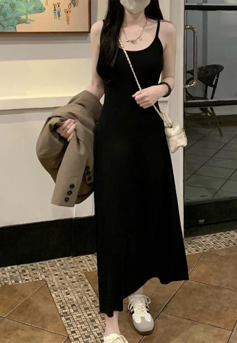 Summer style knitted suspender waist A-line long dress CA24050624BK