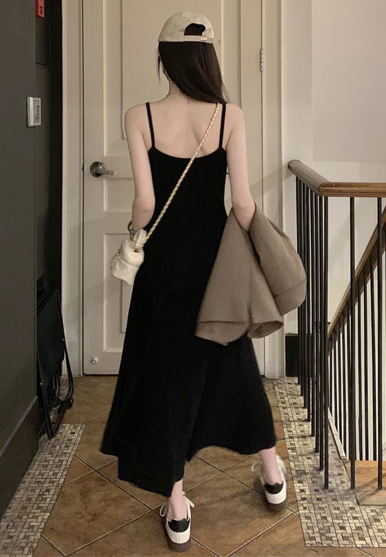 Summer style knitted suspender waist A-line long dress CA24050624BK