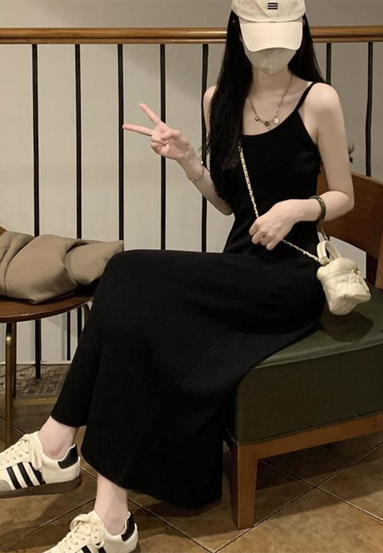 Summer style knitted suspender waist A-line long dress CA24050624BK