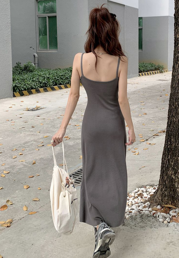 Summer style knitted suspender waist A-line long dress CA24050624BK