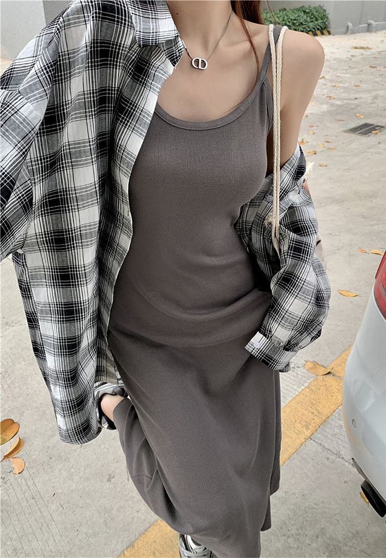 Summer style knitted suspender waist A-line long dress CA24050624BK