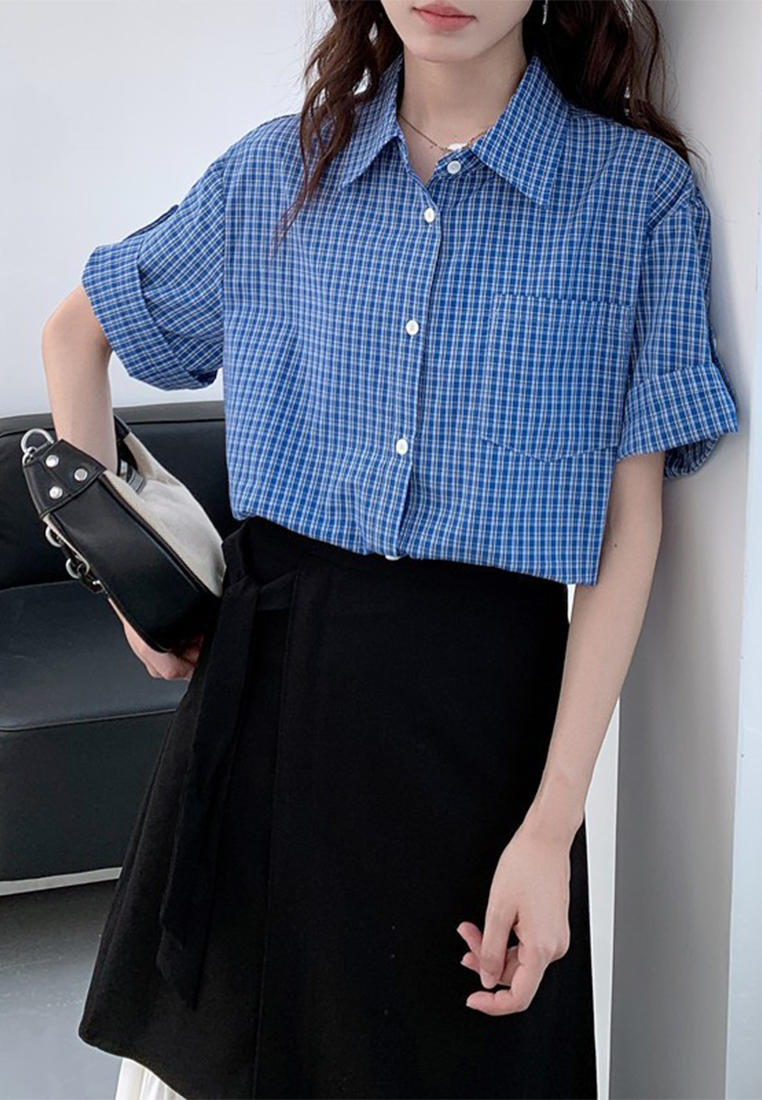 New French retro blue plaid shoulder commuter shirt CA25042924BL