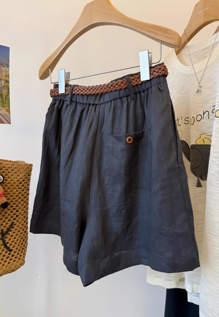 Summer High-waist Braided Belt Linen Shorts CA25061724BK