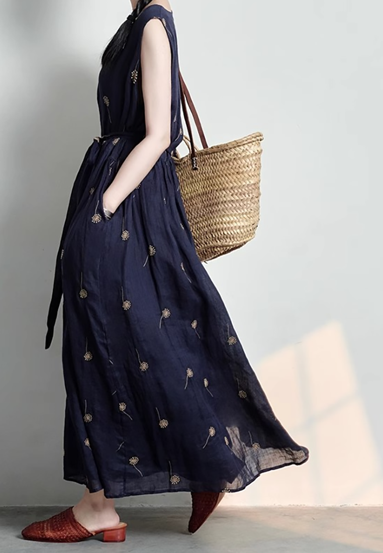 Summer new cotton and linen print dress CA25070924BL