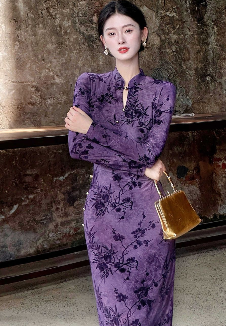 New Retro Luxury purple knitted cheongsam dress CA25121524PU