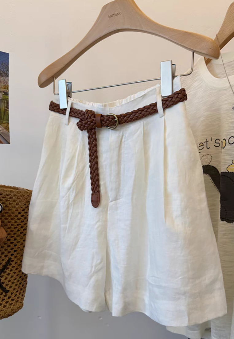 Summer High-waist Braided Belt Linen Shorts CA25061724BK