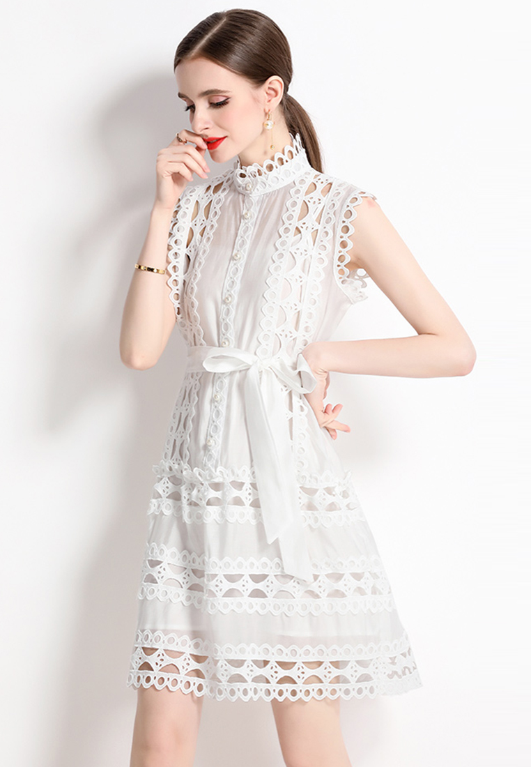 2024 Summer Round Neck Sleeveless Lace Dress CA24032624W