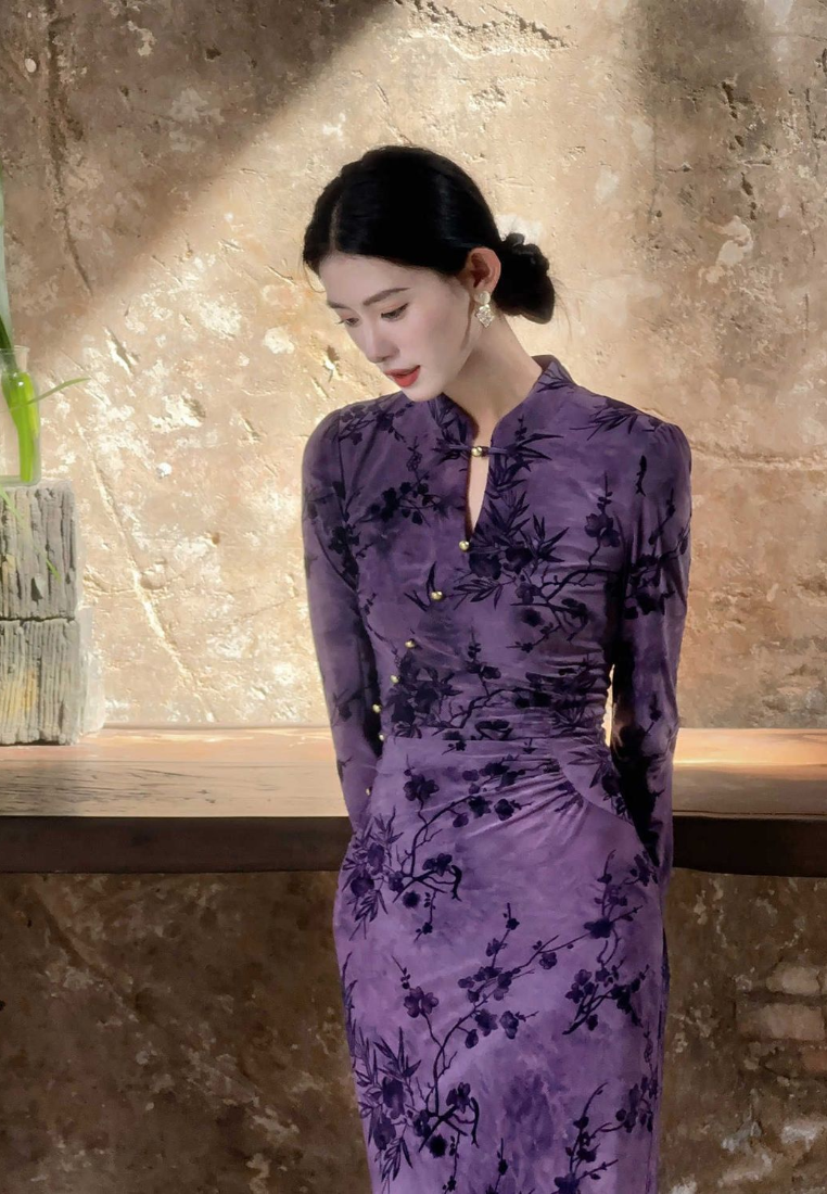 New Retro Luxury purple knitted cheongsam dress CA25121524PU